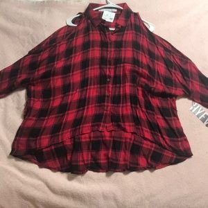 HYFVE Large Red & Black Plaid Open Shoulder Top